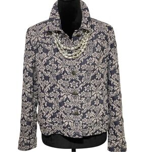 CHICOS EMBROIDERED INDIGO PAISLEY PRINT BLAZER SZ SM